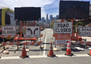 Regional Connector construction street closure on First Street at  Vignes Street. All photos by Joe Linton/Streetsblog L.A.