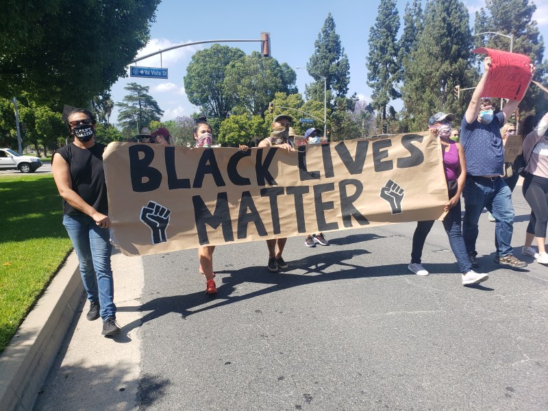 Protesters marching at a Black Lives Matter demonstration in Pomona on June 7, 2020. More than 200 people came out for the afternoon march. Kristopher Fortin/Streetsblog LA