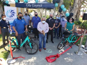 Councilmembers from South El Monte, Duarte La Verne and Montery Park, and staff from Senator Susan Rubio and Supervisor Hilda Solis pose for a photo during the launch of GoSGV, the SGVCOG's regional bike share system. Kristopher Fortin/Streetsblog LA
