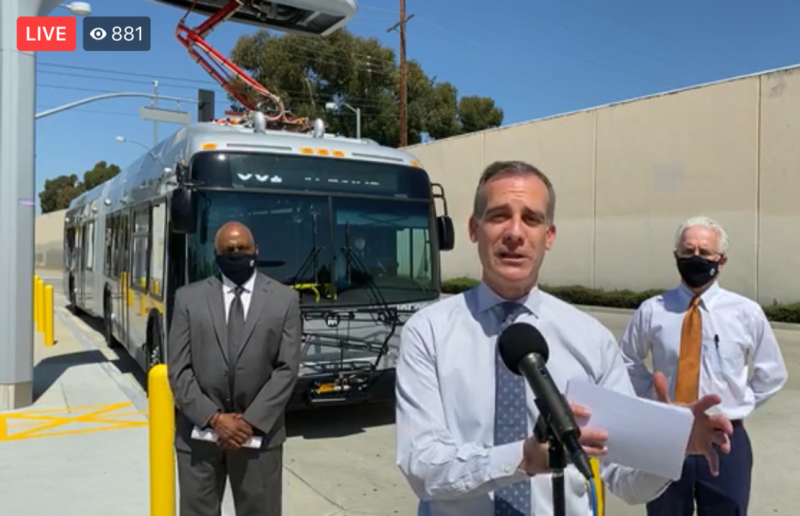 L.A. Mayor Eric Garcetti, flanked by Metro CEO Phil Washington (left) and City Councilmember Paul Krekorian (right), at this morning's G Line electrification announcement