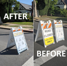 Destination: Pico Slow Streets signage before and after recent changes. Image via Michael Wacht