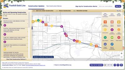 The Metro Gold Line Foothill Extension Construction Authority launched an interactive map on its website last week for the public to track the progress of the Foothill Gold Line Extension. Construction of the extension from Glendora to Pomona began last month. Image: Metro Gold Line Foothill Extension Construction Authority