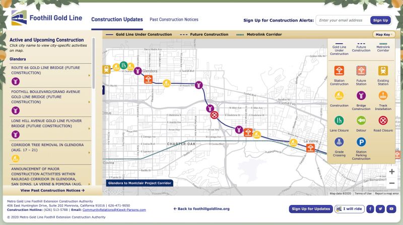 The Metro Gold Line Foothill Extension Construction Authority launched an interactive map on its website last week for the public to track the progress of the Foothill Gold Line Extension. Construction of the extension from Glendora to Pomona began last month. Image: Metro Gold Line Foothill Extension Construction Authority