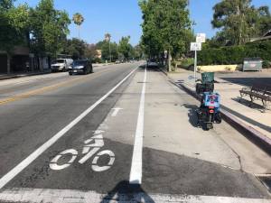 Sierra Madre Boulevard got a new bike lane last month in the City of Sierra Madre. The .3 miles of bike lanes added to Sierra Madre connects to 3 miles of bike lanes on the same street that go into Pasadena. Image: John Lloyd