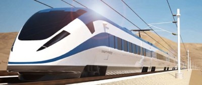 Metro is considering funding a High Desert Corridor study that would connect  high-speed rail from Palmdale to Victorville, likely connecting L.A., S.F., and  Las Vegas. XpressWest train rendering via KCET