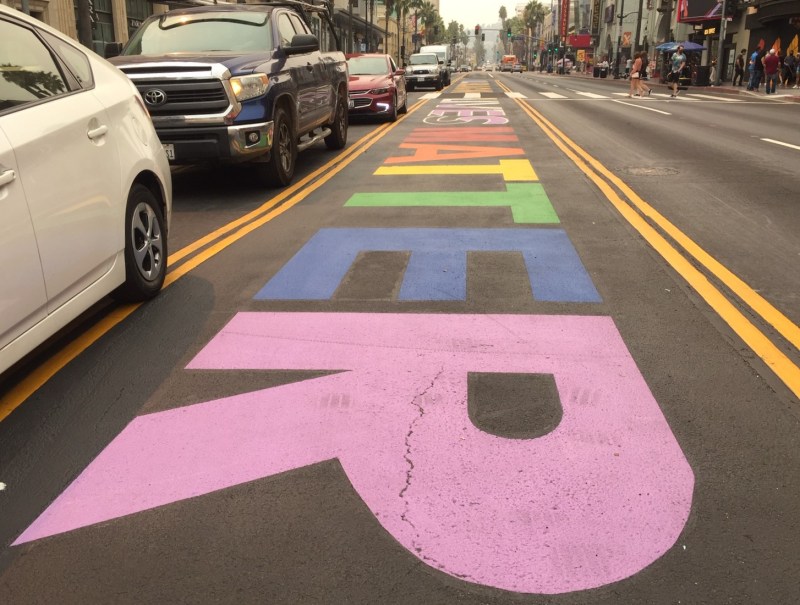 Hollywood Boulevard's ALL BLACK LIVES MATTER shrunk down to one lane. All photos by Joe Linton/Streetsblog L.A.