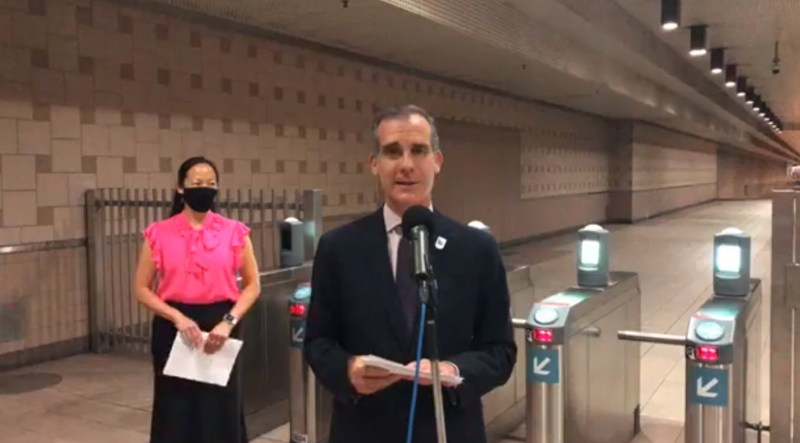 Mayor Eric Garcetti announcing the new Metro TAP app this morning.