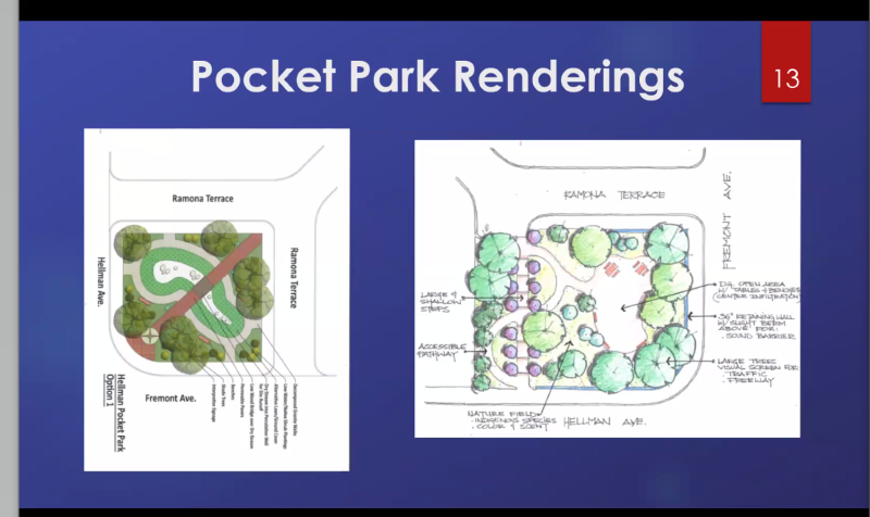 Alhambra is looking to apply for for state funding for seven park projects. The rendering shows a proposed pocket park on the current site of a former satellite library on the corner of South Fremont and West Hellman Avenues. Image: City of Alhambra