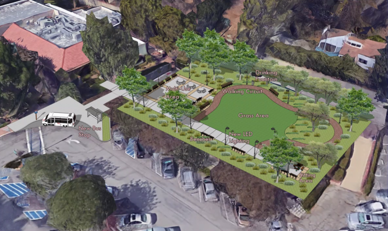 Renderings for Story Park at North Chapel and East Woodward Avenues. This project received $850,000 in state funding to convert the closed recreational pool into open space. Image: City of Alhambra
