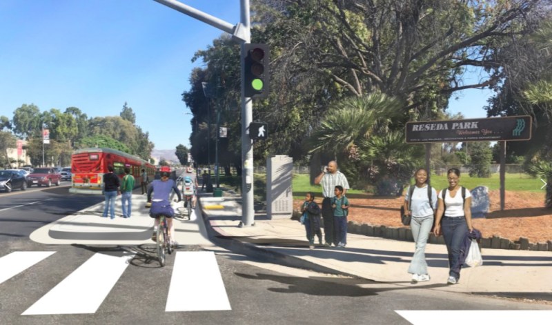 Reseda Boulevard improvements rendering depicting new bus island and protected bike lane at the intersection of Reseda and Victory Blvds. Image via L.A. City