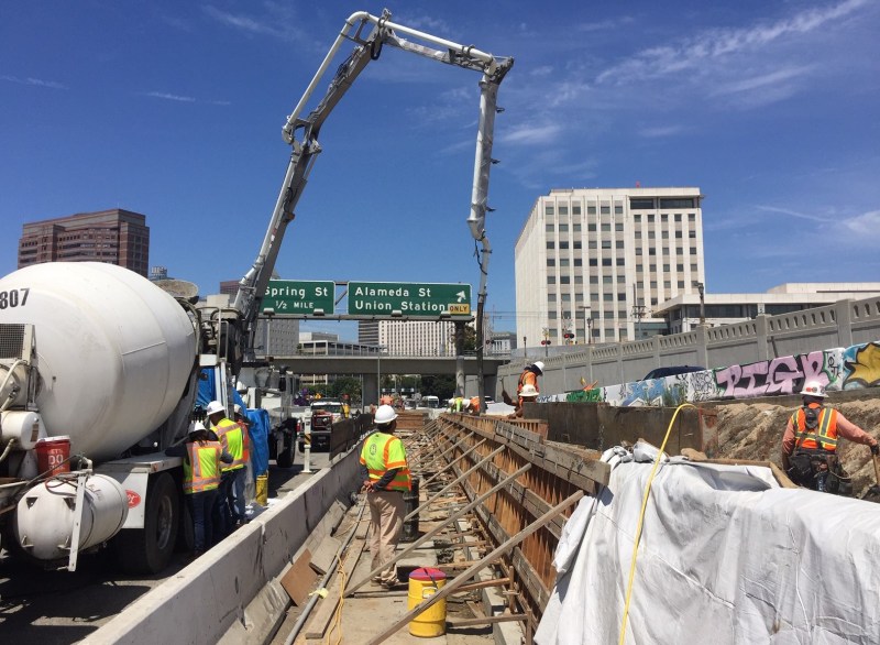 Construction of the Union Station Patsaouras Plaza busway station in 2019 - photo by Joe Linton/Streetsblog L.A.