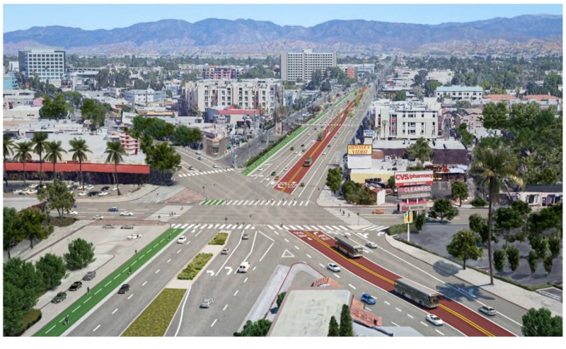 Metro's rendering of how its NoHo-Pasadena BRT line could look at the North Hollywood Intersection of Vineland/Lankershim/Camarillo