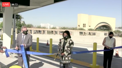 Pasaouras Plaza Busway Station ribbon-cutting - left to right are Metro Boardmembers John Fasana and Jacqueline Dupont-Walker, and Metro Chief of Staff Nadine Lee. Image via Facebook Live