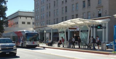 San Bernardino Omnitrans sbX center-running left-side boarding bus rapid transit - photo by House1090 via Wikipedia
