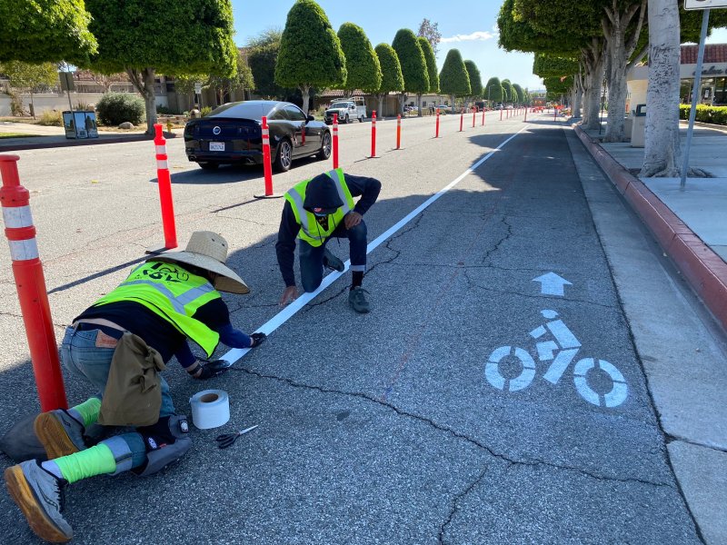 Active SGV assisted the City of Glendora in installing a temporary protected bike lane and striped crosswalk. Active SGV will be installing a pop up demonstration on Poplar Boulevard in Alhambra. Image: Active SGV