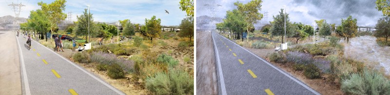 Rendering of rainwater capture creekbed feature proposed along the L.A. River at Griffith Park Ferraro Soccer Fields - via L.A. County