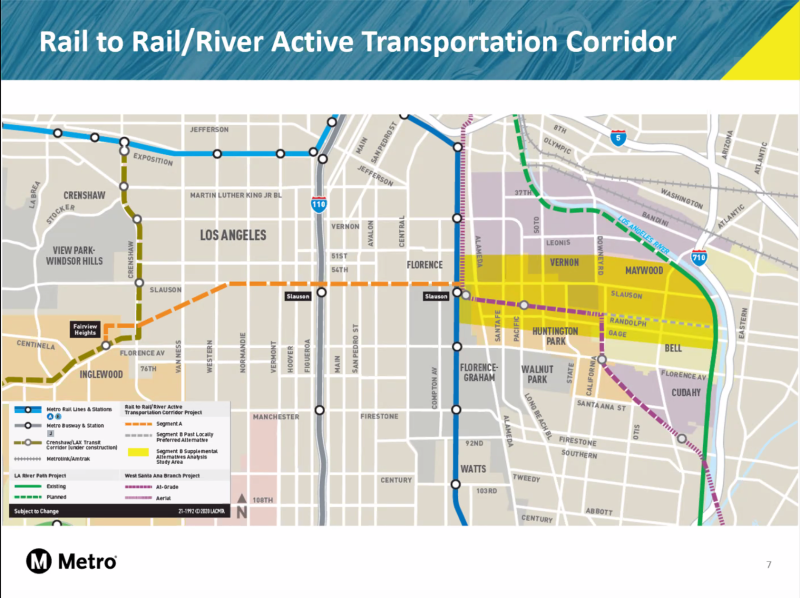 Map of the Metro Rail-to-River active transportation path project. The initial phase - Segment A (shown in orange) - will soon be under construction. Plans for Segment B, which will eventually connect the path to the River, are currently being revised.