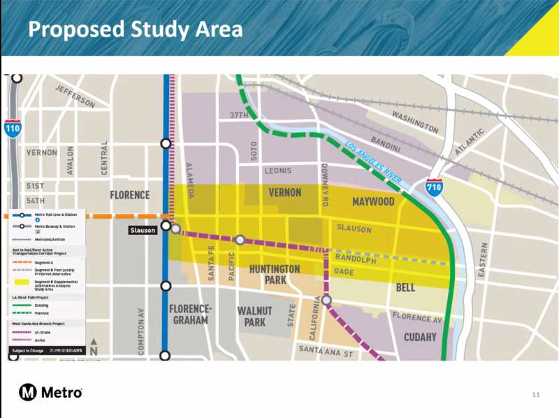 Metro is relaunching its community engagement process around Segment B of the Rail-to-River project and seeks input on stakeholders' preferred routes. The Randolph St. route through Huntington Park is not wide enough to support both the WSAB line and the bike/walk path. The yellow indicates the larger study area Metro is surveying for potential alternative routes. Source: Metro