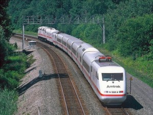 A photo of a German HSR being towed (or pushed?) by an Amtrak diesel in 1993 during an HSR demonstration run. Photo: Wade Massie
