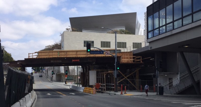 Metro's Regional Connector pedestrian bridge under construction - with Disney Concert Hall visible in the background and the Broad Museum slightly visible to the right. All photos by Joe Linton/Streetsblog L.A.