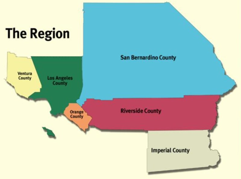 The six county Southern California Association of Governments region. Map via SCAG