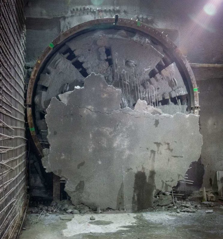 Metro's first tunnel boring machine breaks through at the site of the future Wilshire/La Cienega Station. Photo via Metro's The Source