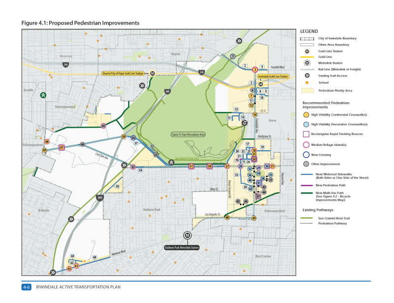 The City of Irwindale's draft active transportation plan proposes to create 71 pedestrian projects and 39 bicycle projects, a majority of the projects currently proposed on the city's main roads, including Arrow Highway, Irwindale Avenue, Azusa Canyon Road, Los Angeles Street, Live Oak Avenue and Ramona Boulevard. Image: Irwindale Active Transportation Plan