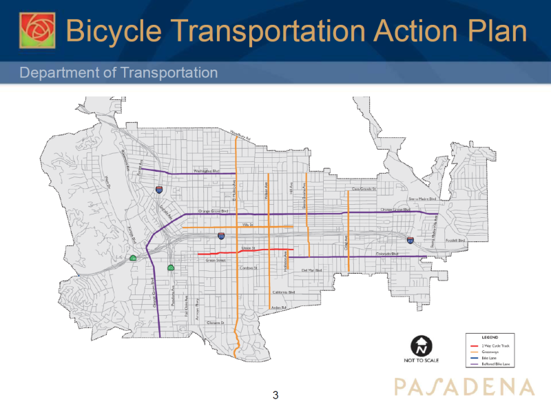 A map of Pasadena's 10 proposed bike corridors that would put a bikeway within a quarter mile of every residential neighborhood. The north-south routes of El Molina, Wilson, Sierra Bonita, and Craig Avenues are currently being studied with the findings expected to be released this summer. Image: Pasadena Department of Transportation