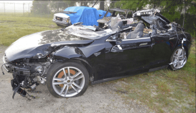 A Tesla Model S following a 2016 crash. Source: NTSB via Flickr