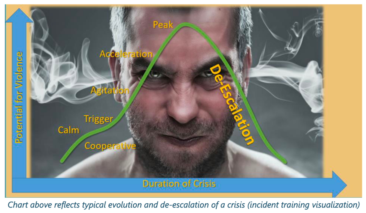 An unusual choice of graphic found in the 2018-19 Mental Evaluation Team Progress Report. It is apparently meant to represent the progression of a crisis call with appropriate intervention.