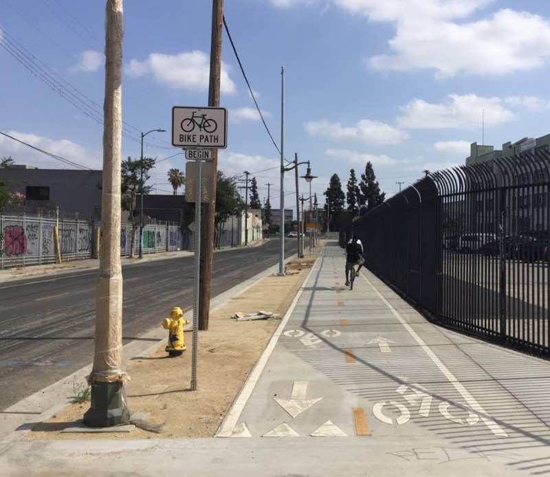 Short new bike path along Myers Street. All photos by Joe Linton/Streetsblog L.A.