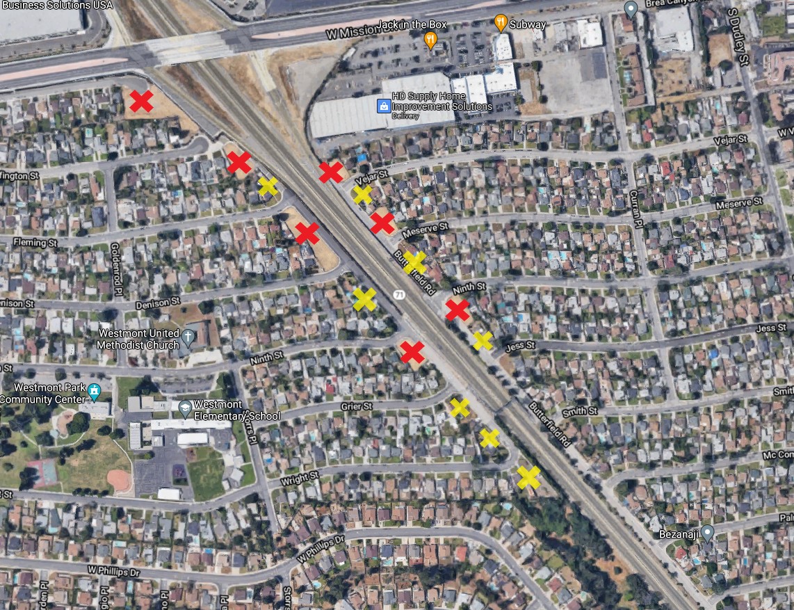 SR-71 right-of-way. Red Xs indicate areas (mostly of these were one of more homes) already demolished for widening the 71. The yellow Xs are some 0sites that SBLA speculates might still be threatened. (No project map or environmental studies were found online.)