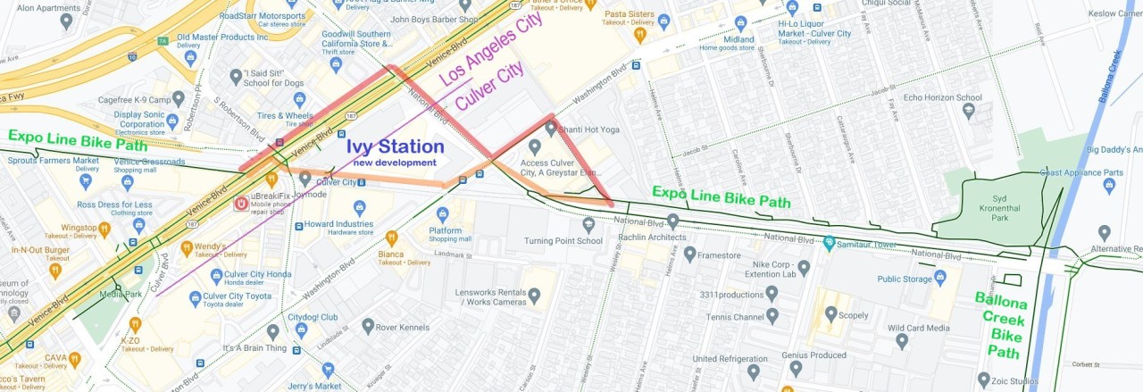 The Expo Line bike path through Culver City. The red lines show the indirect car-traffic-heavy route that the city expects cyclists to ride. The orange lines show how families and less-intrepid riders will go through this area.