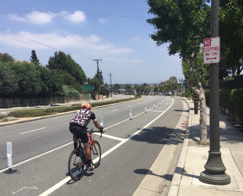 New protected bike lanes on Avocado Heights' Workman Mill Road. All photos by Joe Linton/Streetsblog L.A. except as noted.