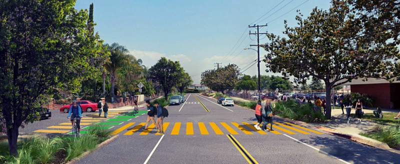 A city of El Monte proposal for a Class IV protected bikeway and pedestrian improvements adjacent to a local high school scored a 92 on the 2020 ATP cycle, yet still did not receive full funding. Rendering via Alta Planning + Design