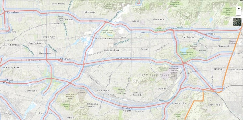 A screen shot of the San Gabriel Valley and the state highways that cross through its region. Caltrans District 7, which encompasses LA and Ventura County, is drafting a district active transportation plan and needs local input on how to improve the corridors of its state highway system. Image: Caltrans District 7 survey