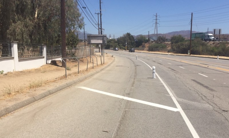 This portion of Foothill Boulevard is protected (by plastic bollards) but is not actually a bike lane. All photos by Joe Linton/Streetsblog L.A.