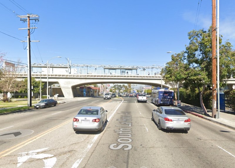 LADOT says La Brea at Expo is "width-challenged" - and that current project plans do not include approved bus lanes as it would compromise the objective of the complete streets project. Image via Google Street View