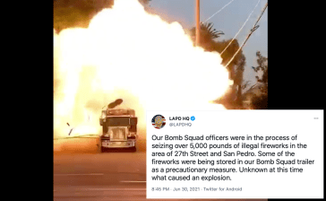 Despite having given press statements regarding the imminent detonation at 716 E. 27th St., called in the fire department to be on standby, placed the last of the explosive materials in the TCV ten minutes prior to detonation as helicopters from local TV stations hovered overhead, and yelled “Fire in the hole!” to warn observers they were about to set off the counter charges, LAPD’s very first public step after the blast was to take to twitter and launch an active disinformation campaign.
