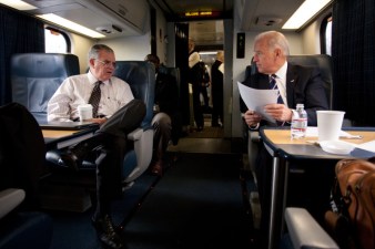 Vice President Joe Biden and Secretary of Transportation Ray LaHood talk about high speed rail expansion while traveling from Washington, DC to Philadelphia, PA  an Amtrak Acela train, Feb. 8, 2011. (Official White House Photo by David Lienemann)