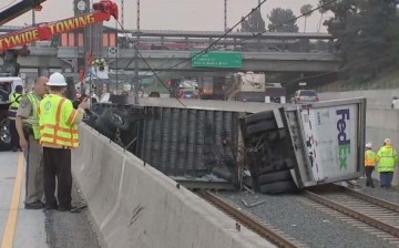 210 Freeway truck crash onto the L Line tracks - photo via Metro