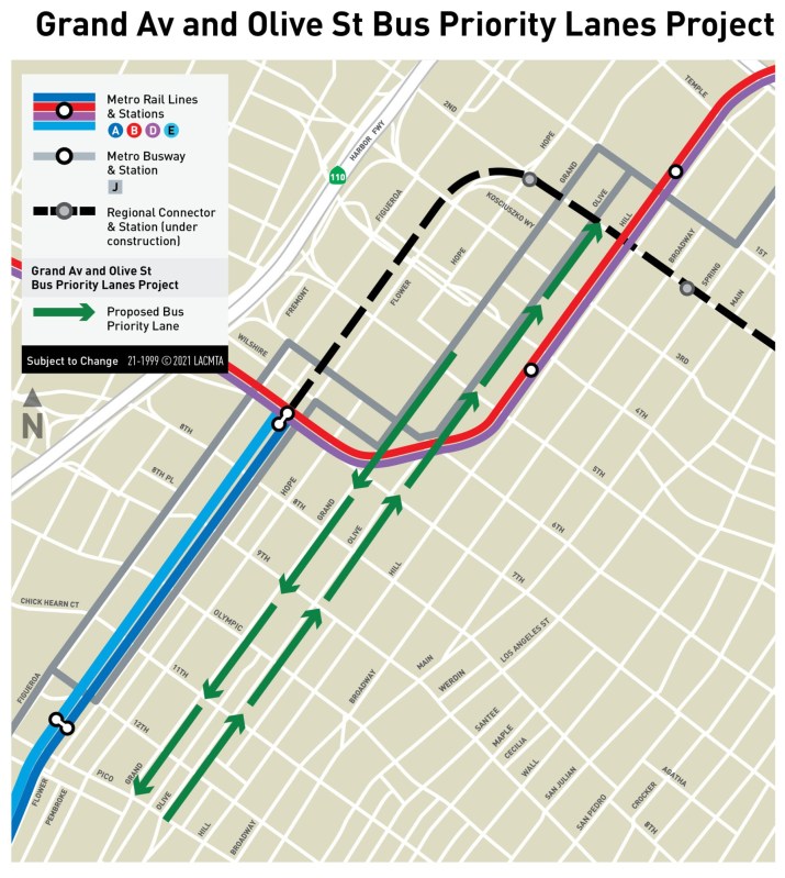 Metro's map of the Downtown L.A. Grand/Olive bus lane couplet coming this year