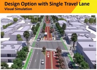 Still from Metro Eagle Rock BRT video - showing the proposed Colorado Boulevard  "One Travel Lane" option