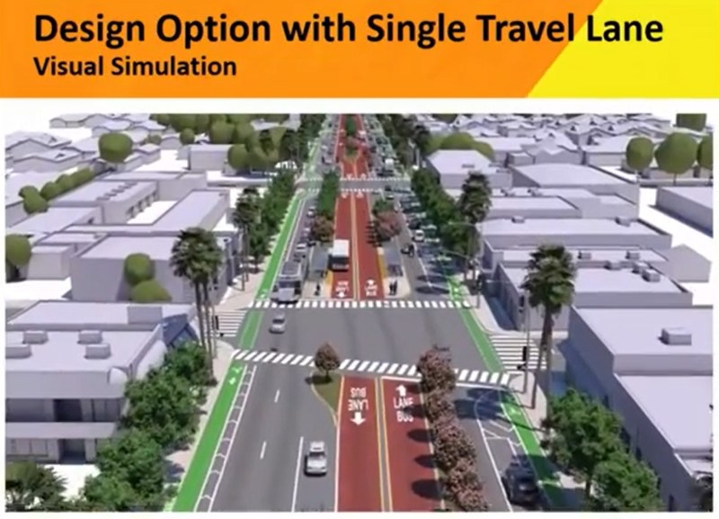 Still from Metro Eagle Rock BRT video - showing the proposed Colorado Boulevard "One Travel Lane" option
