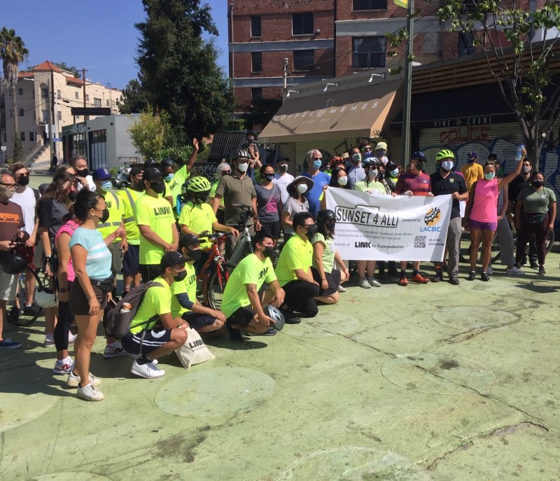 Sunset4All, L.A. County Bicycle Coalition, and Superpedestrian celebrate Sunset4All crowdfunding success. Photos by Joe Linton/Streetsblog L.A.