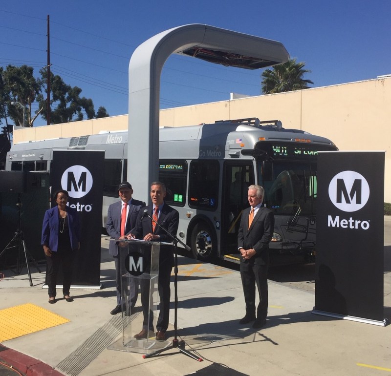 Metro's bus electrification press event today. Left to right are: Metro CEO Stephanie Wiggins, Glendale City Councilmember Ara Najarian, L.A. Mayor Eric Garcetti, and L.A. City Councilmember Paul Krekorian. Photo by Joe Linton/Streetsblog L.A.