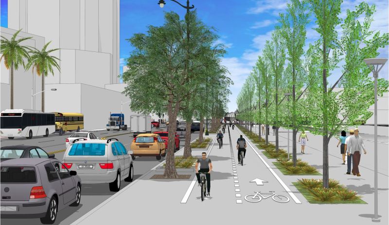 Rendering of the planned esplanade along the east side of Alameda Street - via Metro