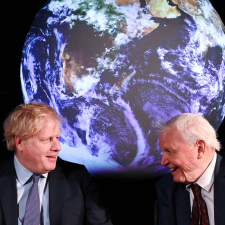 Britain's Prime Minister Boris Johnson with Sir David Attenborough talk to school children at the Science Museum for Launch of the UK hosting of the 26th UN Climate Change Conference (COP26). Image:Number 10, CC