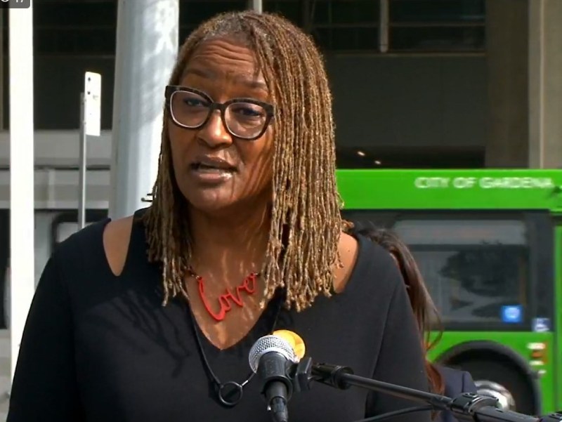 County Supervisor Holly Mitchell speaking at today's Rosa Parks/Willowbrook Station celebration - via Facebook