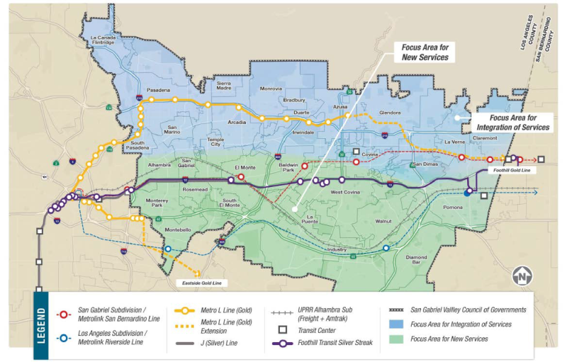 Study area of the San Gabriel Valley Transit Feasibility Study. The south (green) portion is being studied for new projects and the north (blue) area is being studied for projects that should integrate with currently existing mass transit options like the Metro L (Gold) Line. Image: San Gabriel Valley Council of Governments
